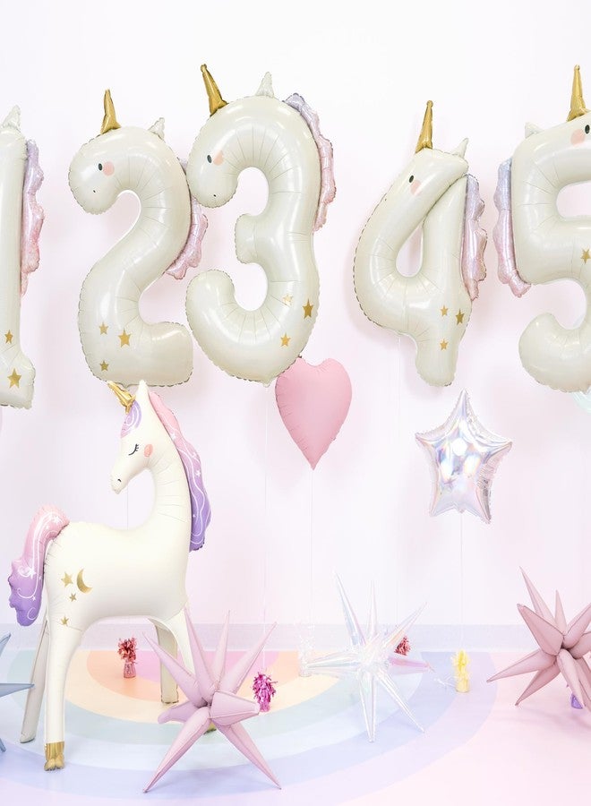 بارتي ديكو بالون يونيكورن رقم 4 من PartyDeco، مقاس 36.5 بوصة - بالون رقم عيد ميلاد من رقائق معدنية ثلاثية الأبعاد للبنات، زينة عيد ميلاد يونيكورن الرابع، يُملأ بالهواء أو الهيليوم - Image 3
